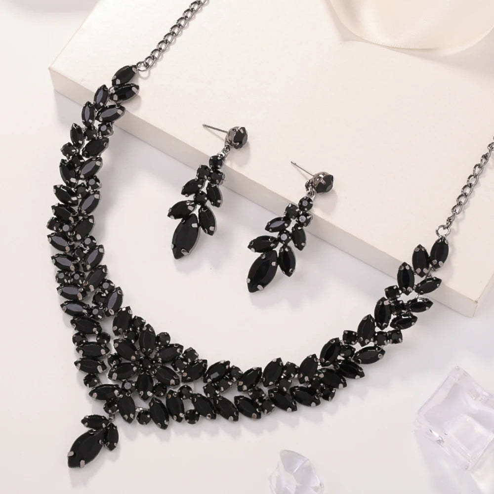 Graceful Black Leaves Jewelry Set Crystal Bridal Gift for Wedding Boho Design Rhinestone Necklace Earrings Set Piercing Handmade - https://mohammadcollection.com