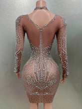 MC THE BLACK DIAMOND sheath mini dress with flashing luxury rhinestones, tassels, perfect for party, nightclub, or stage performances.