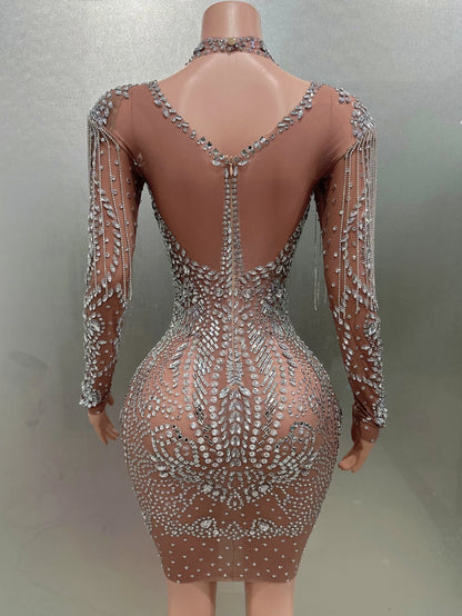 MC THE BLACK DIAMOND sheath mini dress with flashing luxury rhinestones, tassels, perfect for party, nightclub, or stage performances.