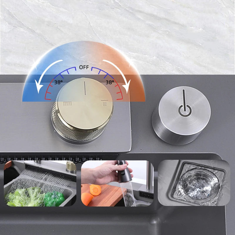 Black multifunctional kitchen faucet with waterfall spout, soap dispenser, and stainless steel single bowl sink, by 𝕄𝕔 𝕋𝕙𝕖 𝔹𝕝𝕒𝕔𝕜 𝔻�