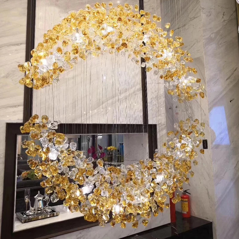 Black Art Luxury Stone Crystal Chandelier For Staircase Hallway Lobby Modern Cristal LED Hanging Lamp Home Indoor Light Fixtures