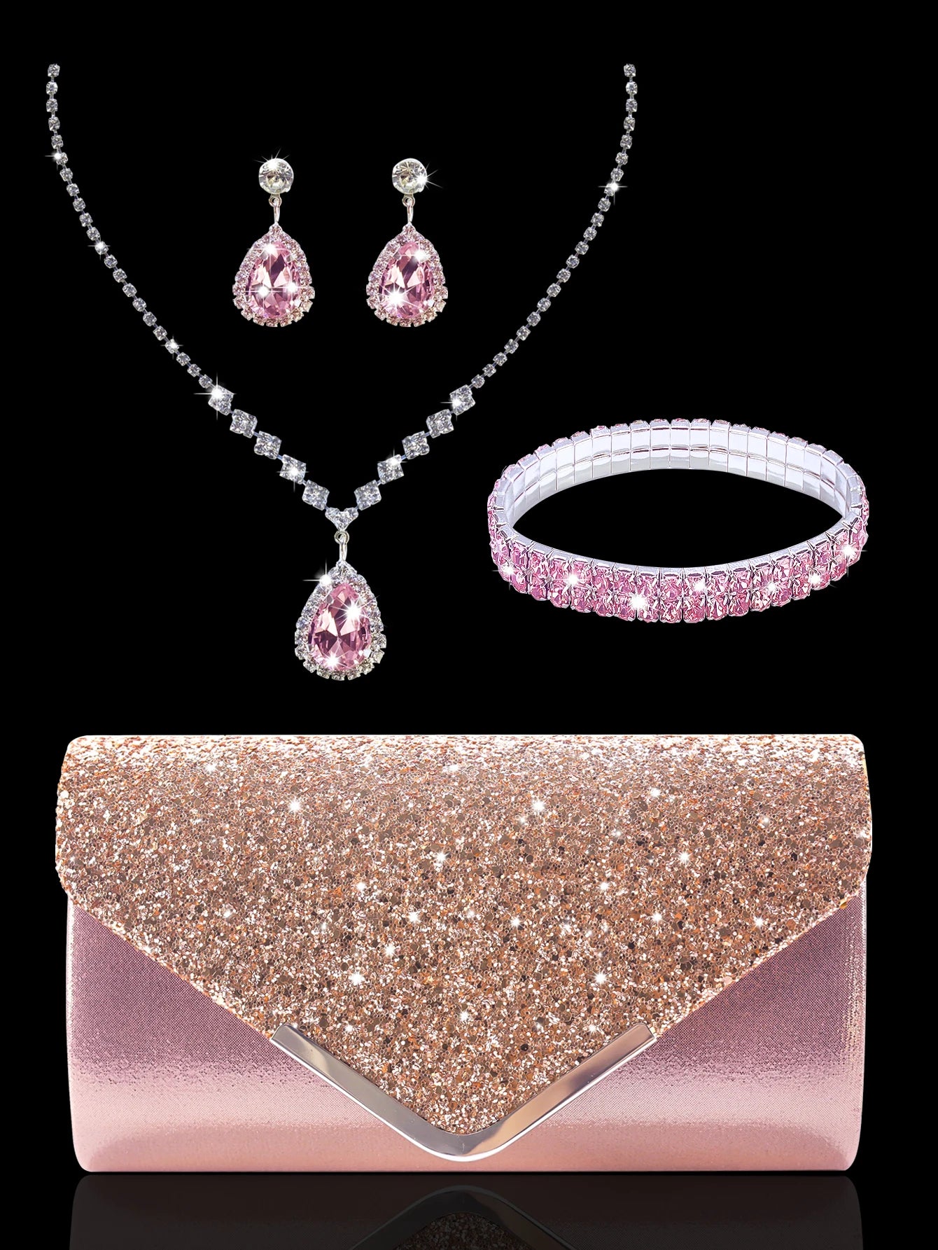 MC THE BLACK DIAMOND sequined evening clutch with rhinestone jewelry set including necklace, earrings, and bracelet.