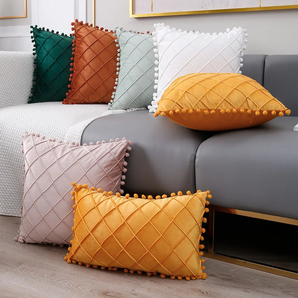 Yellow and orange velvet lumbar pillow cover with diamond stripes, pompoms, and tassels, 30x50cm or 45x45cm, by MC THE BLACK DIAMOND.