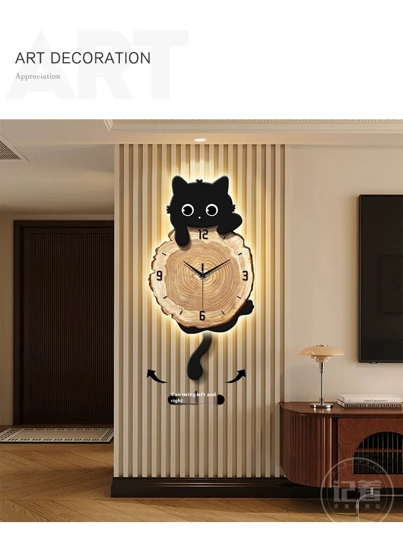 MC THE BLACK DIAMOND Nordic retro cat wall clock with LED light, creative luminous art for living room decor, cartoon style.