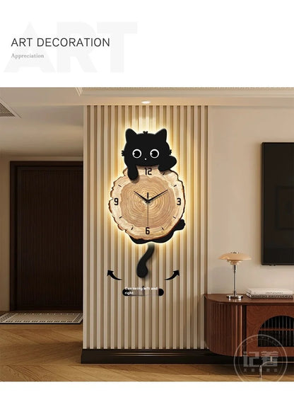 MC THE BLACK DIAMOND Nordic retro cat wall clock with LED light, creative luminous art for living room decor, cartoon style.