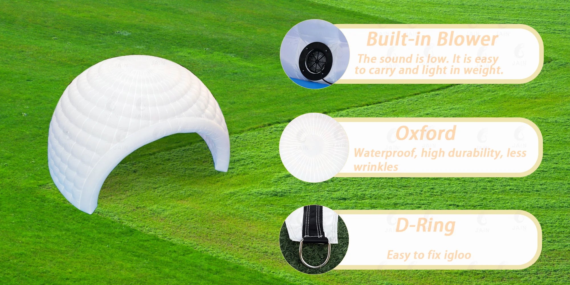 Inflatable MC THE BLACK DIAMOND Igloo Dome Tent, premium air-supported pop-up tent with a white and blue design.
