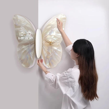 Modern MC THE BLACK DIAMOND butterfly wall clock with double-sided design, mute white digital display, ideal for living room decor.