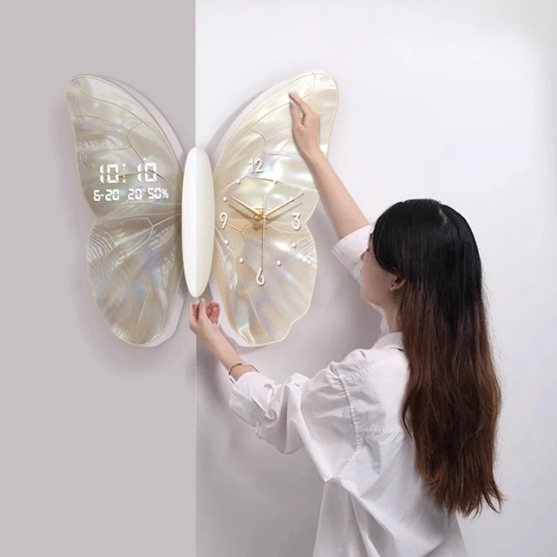Double-sided white digital wall clock by MC THE BLACK DIAMOND with corner decoration and mute functionality.