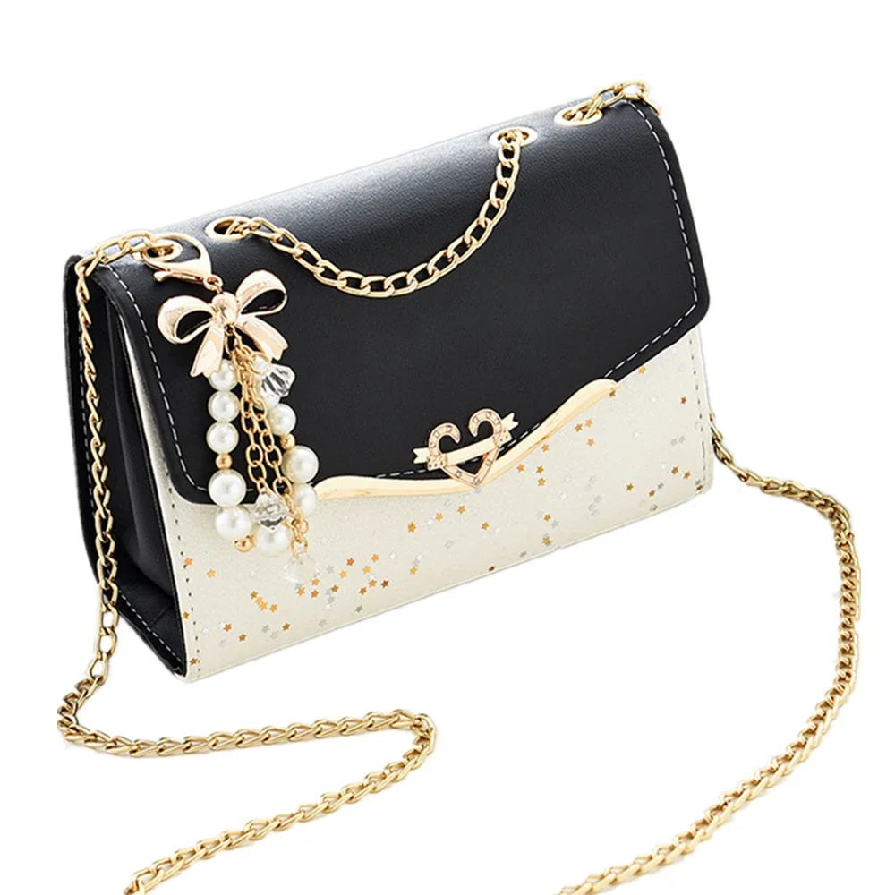 Trendy black sequin fashion messenger bag with tassel pendant, PU leather, single shoulder strap, mobile phone pouch for women.