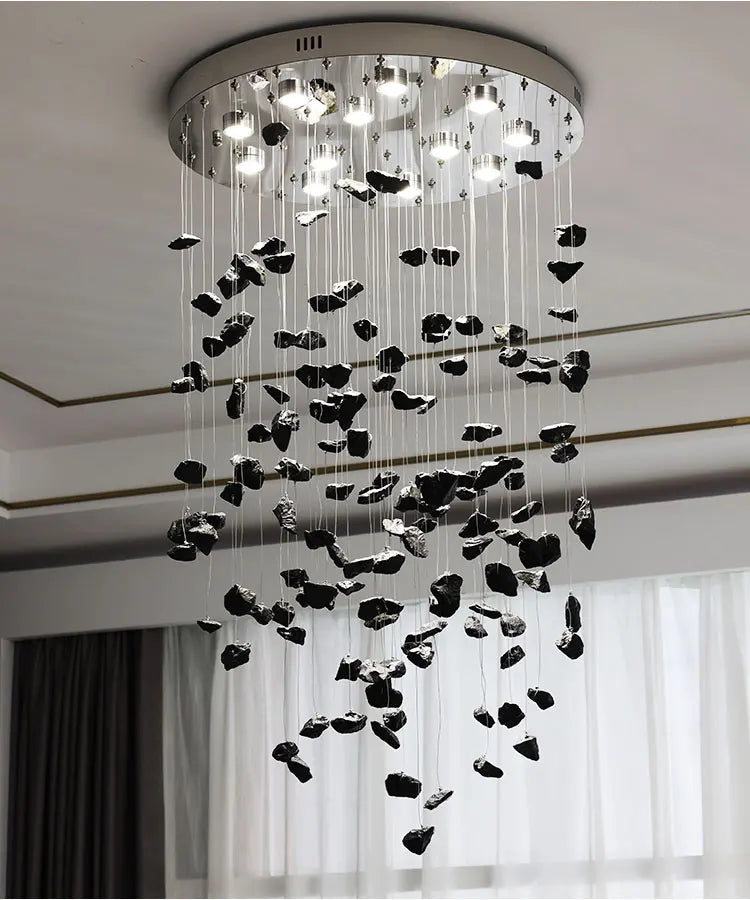 Black Art Luxury Stone Crystal Chandelier For Staircase Hallway Lobby Modern Cristal LED Hanging Lamp Home Indoor Light Fixtures