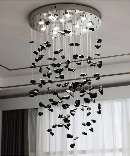 Black Art Luxury Stone Crystal Chandelier For Staircase Hallway Lobby Modern Cristal LED Hanging Lamp Home Indoor Light Fixtures