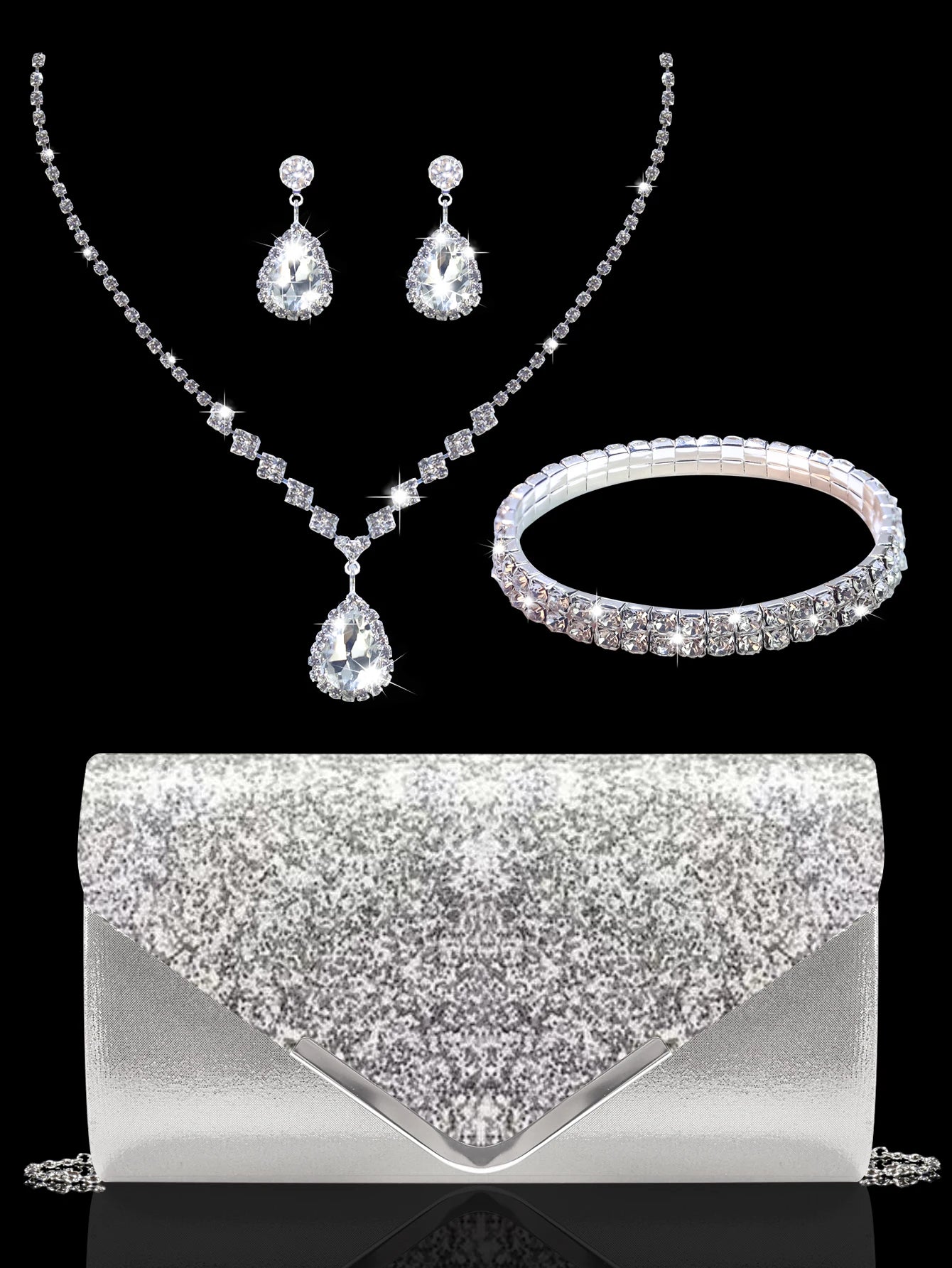 Sparkling MC THE BLACK DIAMOND sequined evening clutch with rhinestone necklace, earrings, and bracelet set for women.