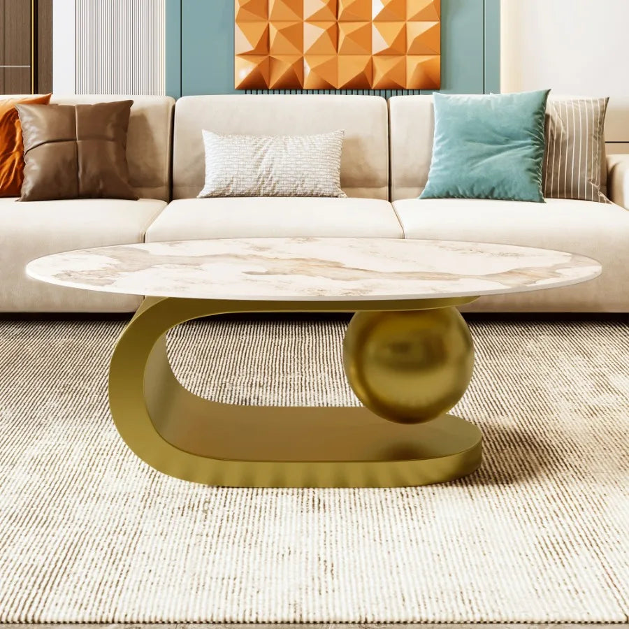 Modern Oval Coffee Table for Living Room Marble Pattern Sintered Stone Coffee Tabletop with Gold Stainless Steel Base in 47.2" - https://mohammadcollection.com