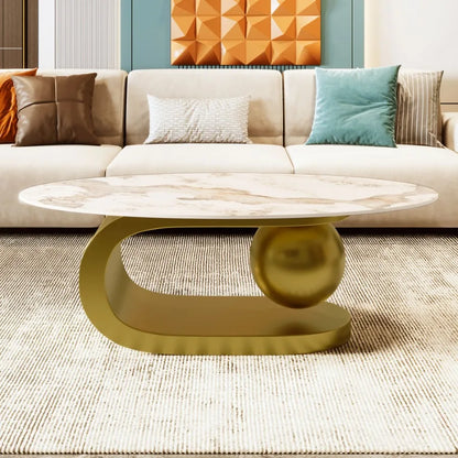 Modern Oval Coffee Table for Living Room Marble Pattern Sintered Stone Coffee Tabletop with Gold Stainless Steel Base in 47.2" - https://mohammadcollection.com