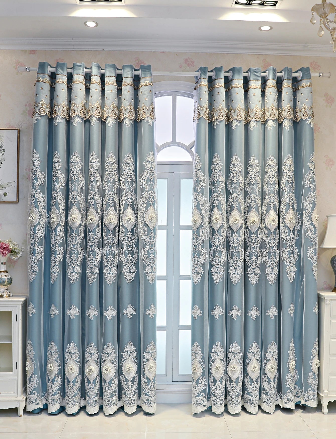 Luxury vintage-style embroidered curtains from MC THE BLACK DIAMOND, showcasing intricate embroidery and elegant fabric.