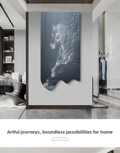 Modern art wall decor poster featuring a luminous horse painting by MC THE BLACK DIAMOND, ideal for luxury living room or corridor decor.
