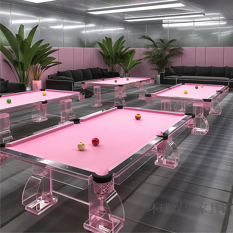 Pink acrylic billiard table by MC THE BLACK DIAMOND, stylish home entertainment billiard table with luxurious design.