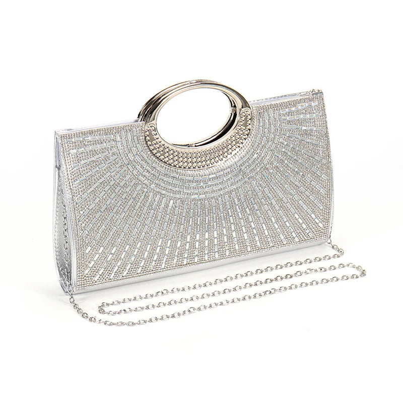 Elegant rhinestone sequin women's evening clutch bag with chain, luxury diamond design, perfect for weddings and parties.