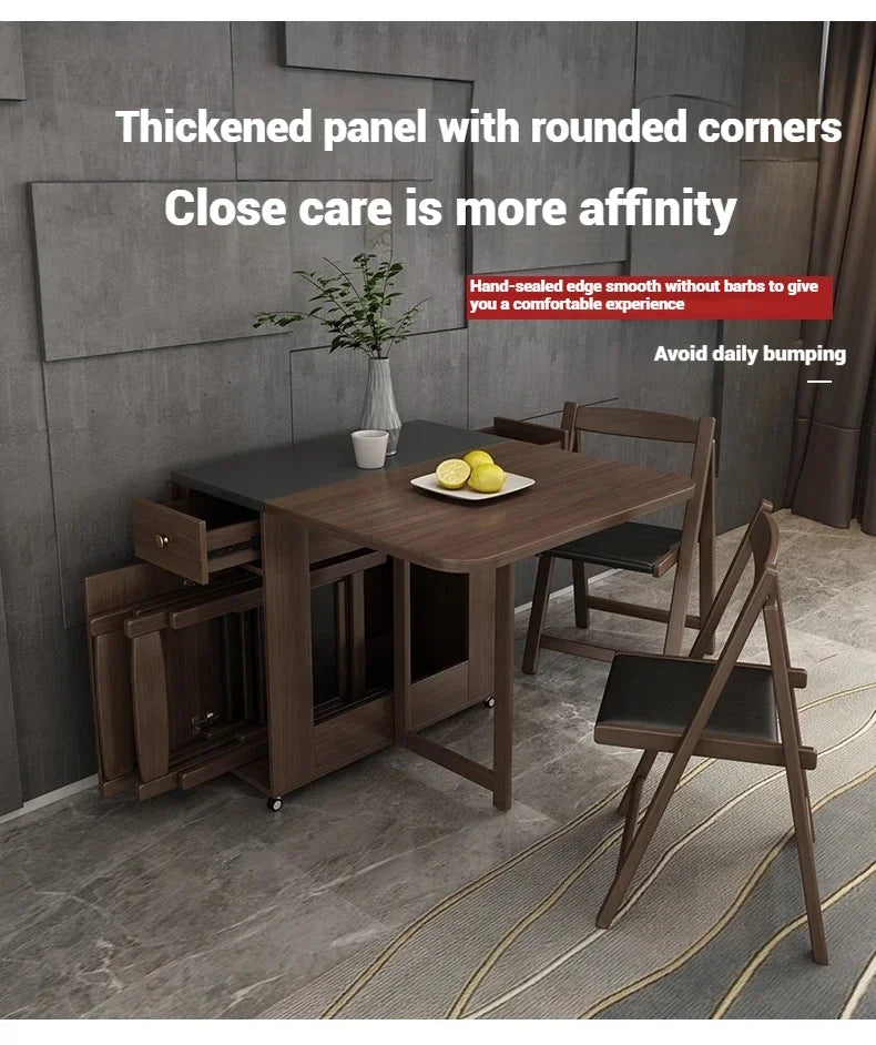 Foldable luxury party dining and kids study wood table by MC THE BLACK DIAMOND, shown in a versatile room setup.