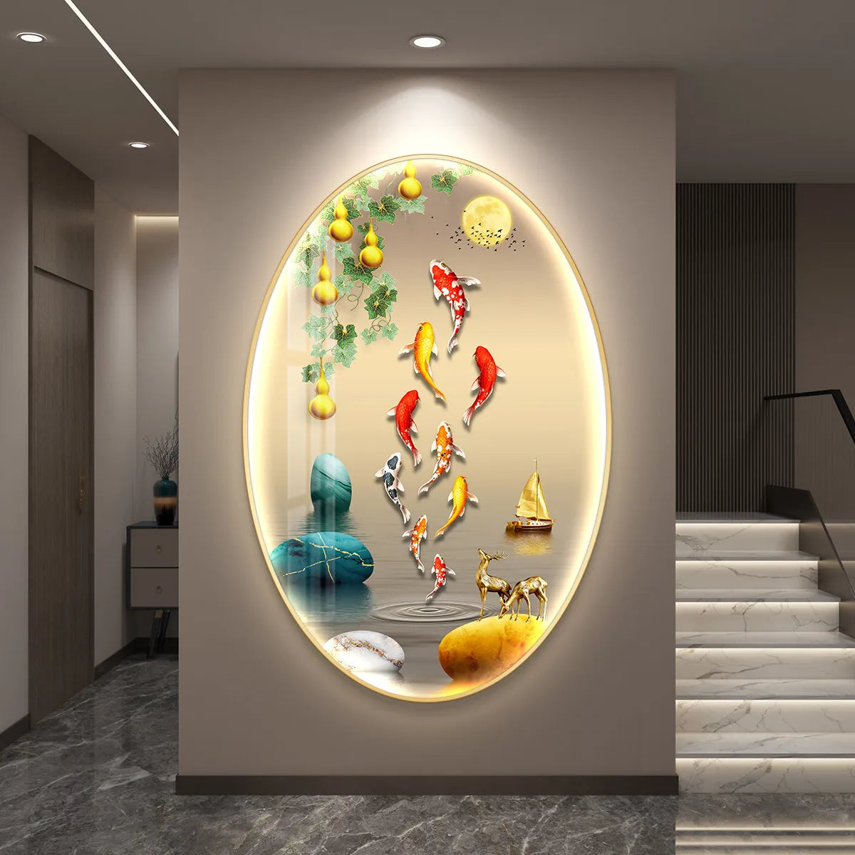 Light Luxury Wall Art Nine Fish Picture Entrance Wall Decor Aesthetic High End Living Room Corridor Luminous LED Light Painting - 𝕄𝕮 𝕋𝕙𝕖 𝔹𝕝𝕒𝕔𝕜 𝔻𝕚𝕒𝕞𝕠𝕟𝕕