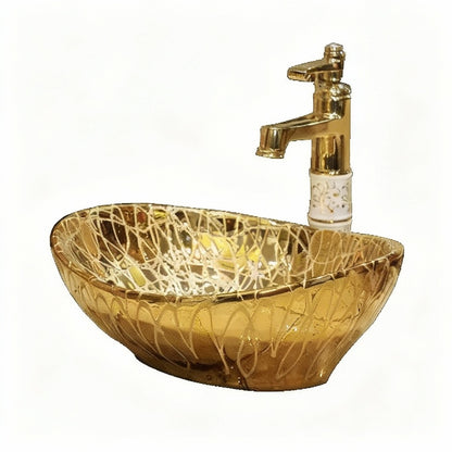 European gold-plated ceramic vessel sink with oval shape, small size, ideal for bathroom countertops, by 𝕄𝕔 𝕋𝕙𝕖 𝔹𝕝𝕒𝕔𝕜 𝔻𝕚