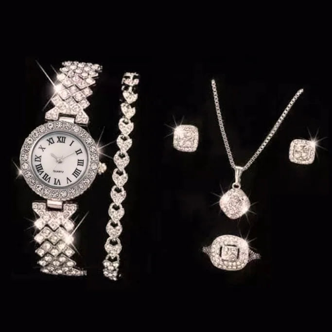 Casual ladies quartz wrist watch bracelet set with six jewelry pieces, featuring stylish designs from Mohammad Collection.