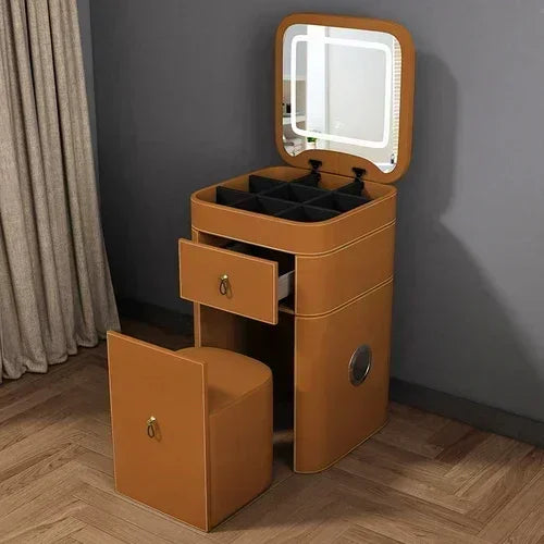 Modern MC THE BLACK DIAMOND makeup vanity with dressing table, drawer, stool, mirror, and hotel-style furniture.