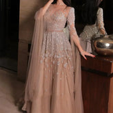 Elegant MC THE BLACK DIAMOND evening gown with batwing sleeves, shiny tulle, sequin appliqué, perfect for prom or formal parties.