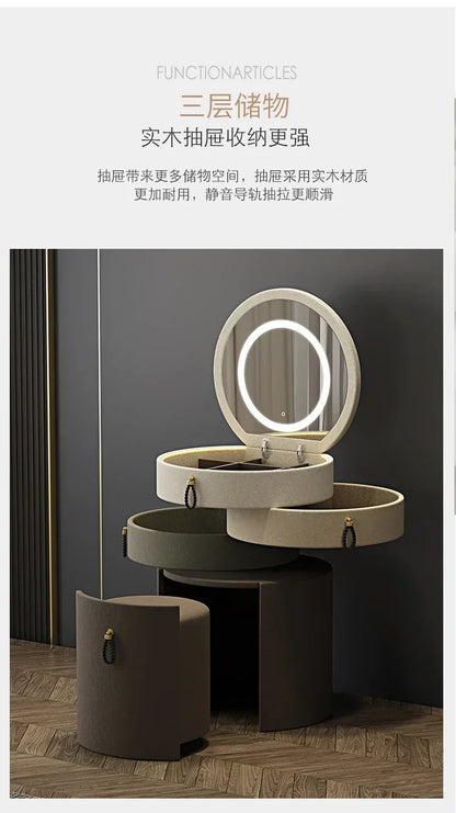 Modern MC THE BLACK DIAMOND makeup vanity with mirror, storage drawers, and matching stool, ideal for elegant dressing rooms.