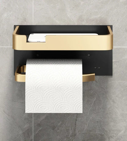 Black Gold Toilet Paper Holder Bathroom Wall Mount Multifunction WC Phone Towel Roll Shelf Accessories - https://mohammadcollection.com