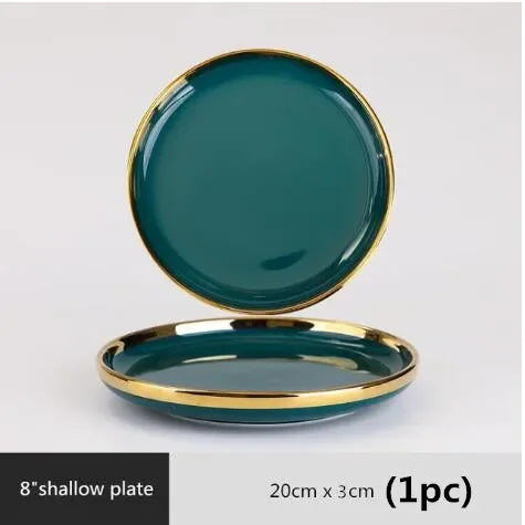 Green ceramic plate from Mc The Black Diamonds with a sleek, glossy finish, designed for serving steak and food in the kitchen.