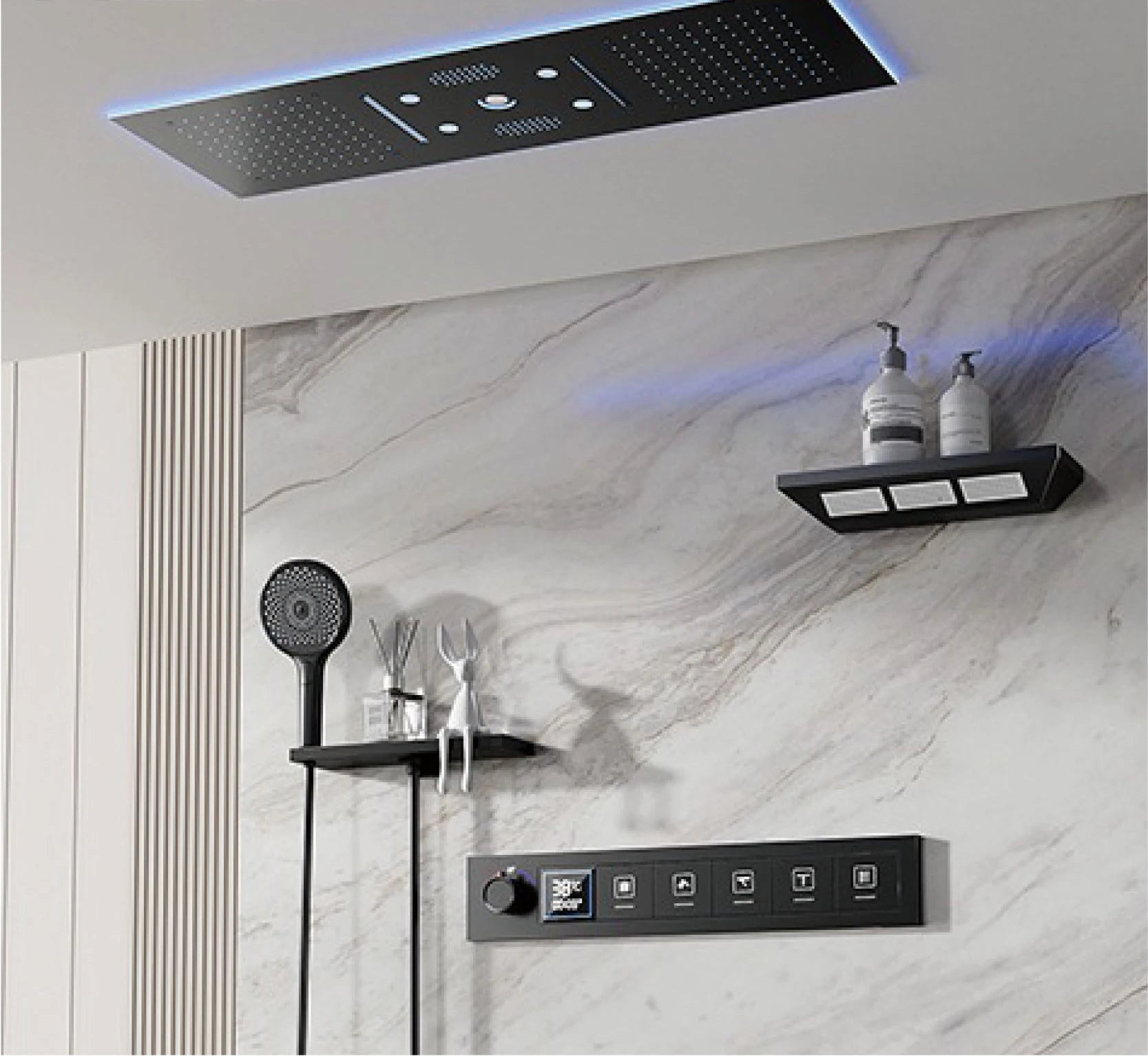 AITANA Luxury Brass Gunmetal LED Display Thermostatic Shower System Bathroom Ceiling embedded concealed giant curtain Rainfall - https://mohammadcollection.com