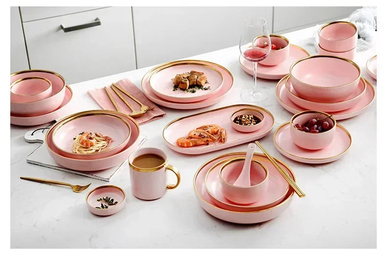 Pink porcelain dinner plate with gilt rim from 𝕄𝕔 𝕋𝕙𝕖 𝔹𝕝𝕒𝕔𝕜 𝔻𝕚𝕒𝕞𝕠𝕟