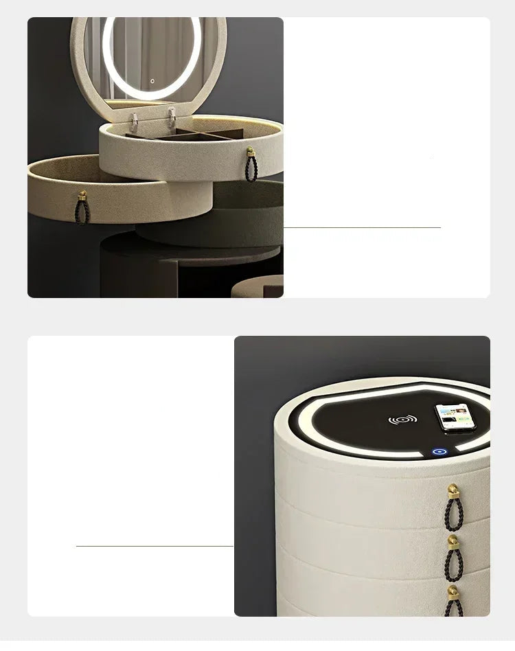 Modern MC THE BLACK DIAMOND makeup vanity with storage drawer, luxury mirror, and stool for elegant beauty organization.