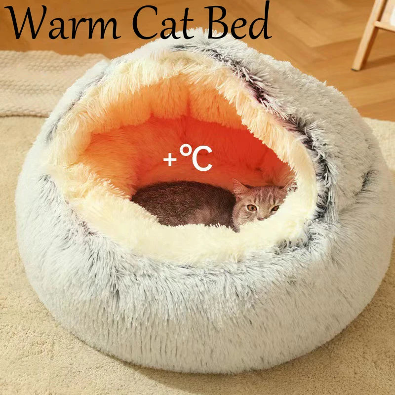 MC THE BLACK DIAMOND plush round cat bed with thick, warm cave design perfect for small cats and kittens to sleep comfortably.