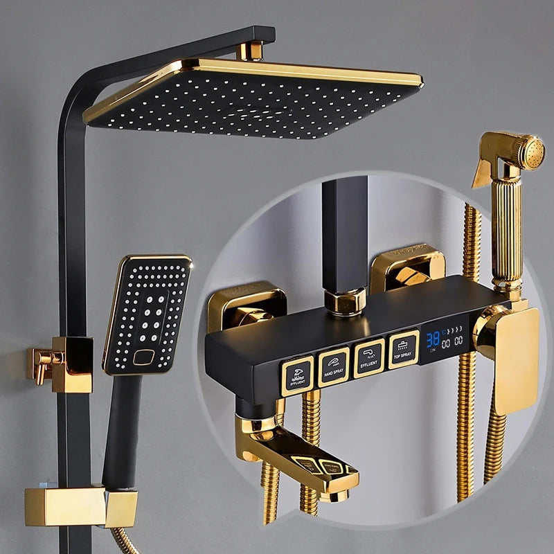 Luxury Hot Cold Digital Bathroom Shower System Thermostatic Brass Faucet Gold Digital Piano Control Rainfall Shower Head Set