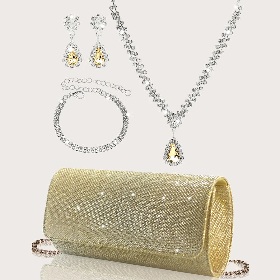 Elegant MC THE BLACK DIAMOND sparkly party clutch bag with rhinestone jewelry set including necklace, earrings, and bracelet.
