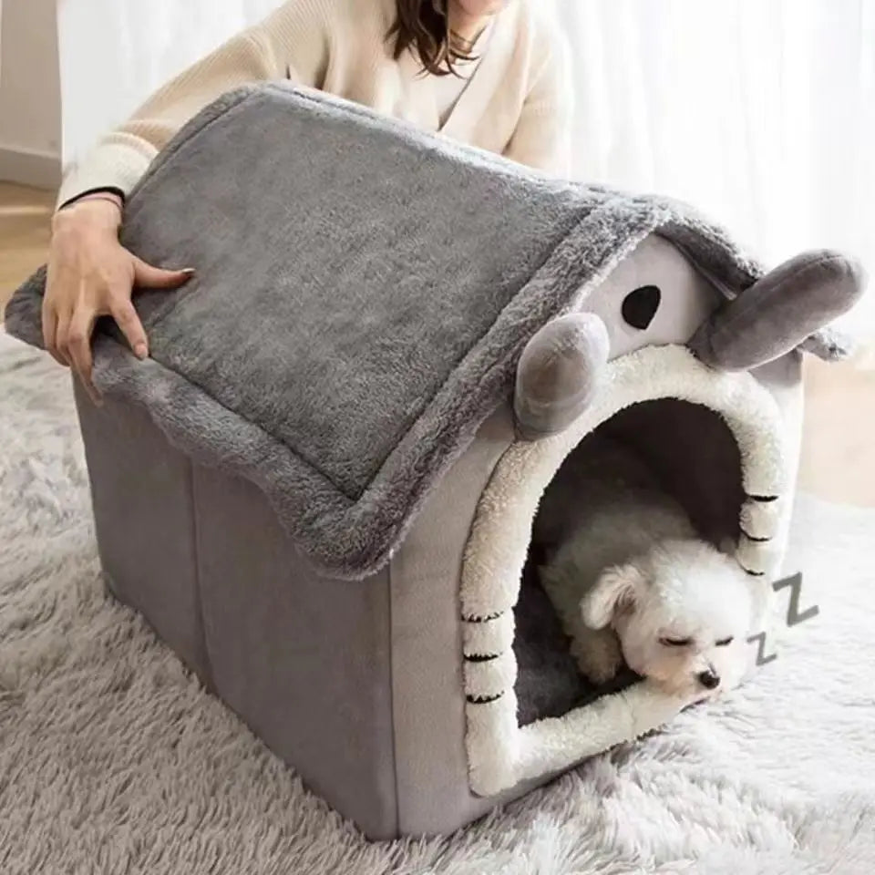 MC THE BLACK DIAMOND all-season dog house style bed with removable washable cover for small dogs and cats, cozy winter warmth.