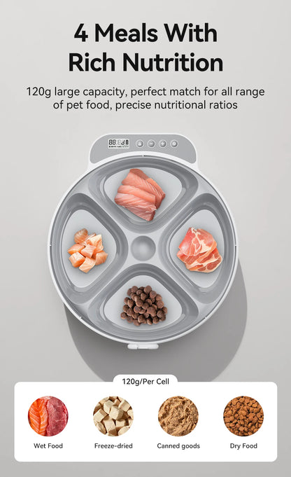 Automatic pet feeder by MC THE BLACK DIAMOND dispensing four meals for cats and dogs, wireless smart kibble dispenser for wet and dry food.