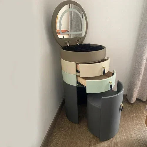 Modern makeup vanity with storage drawer, luxury mirror, and stool by MC THE BLACK DIAMOND, featuring sleek design and ample workspace.