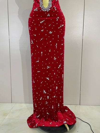 MC Sparkly Diamond Hollow Velvet Mermaid Long Dress