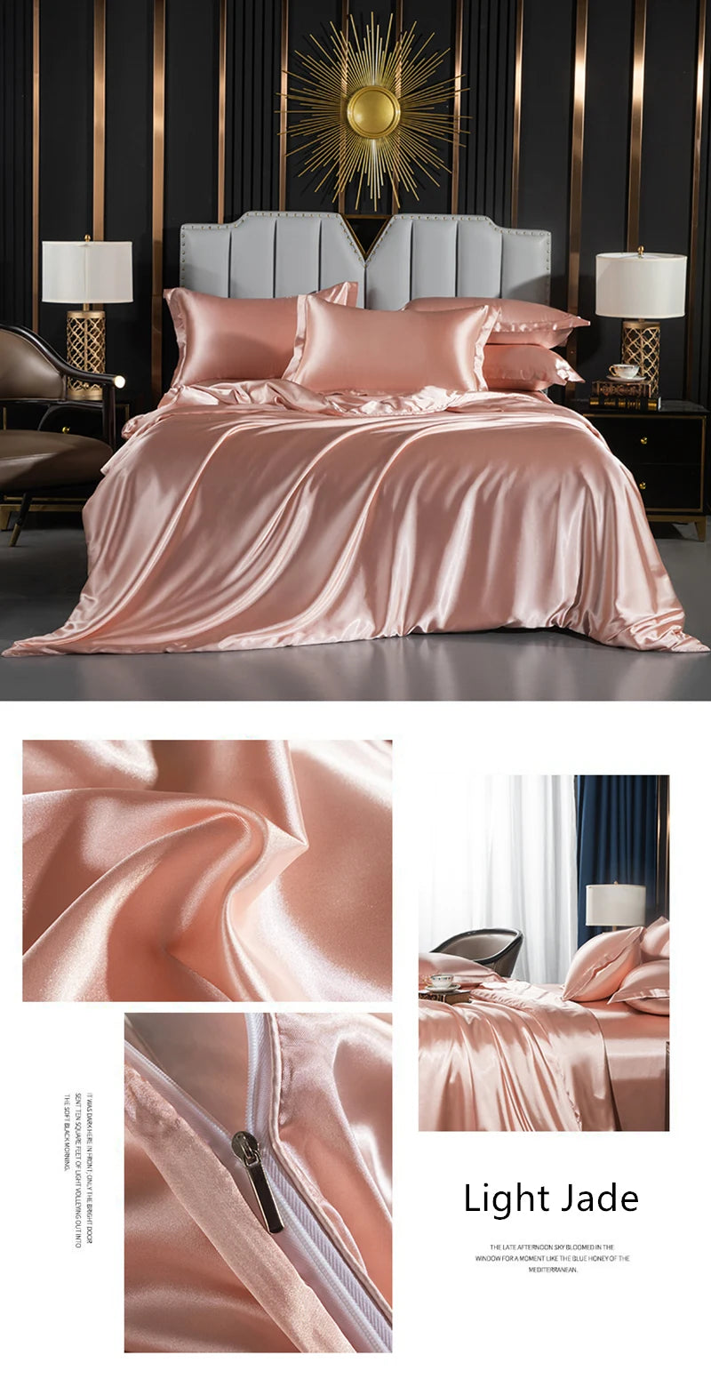 Solid silk bedding set with duvet cover, fitted sheet, flat sheet, and pillowcases from 𝕄𝕔 𝕋𝕙𝕖 𝔹𝕝𝕒𝕔𝕜 𝔻𝕚�