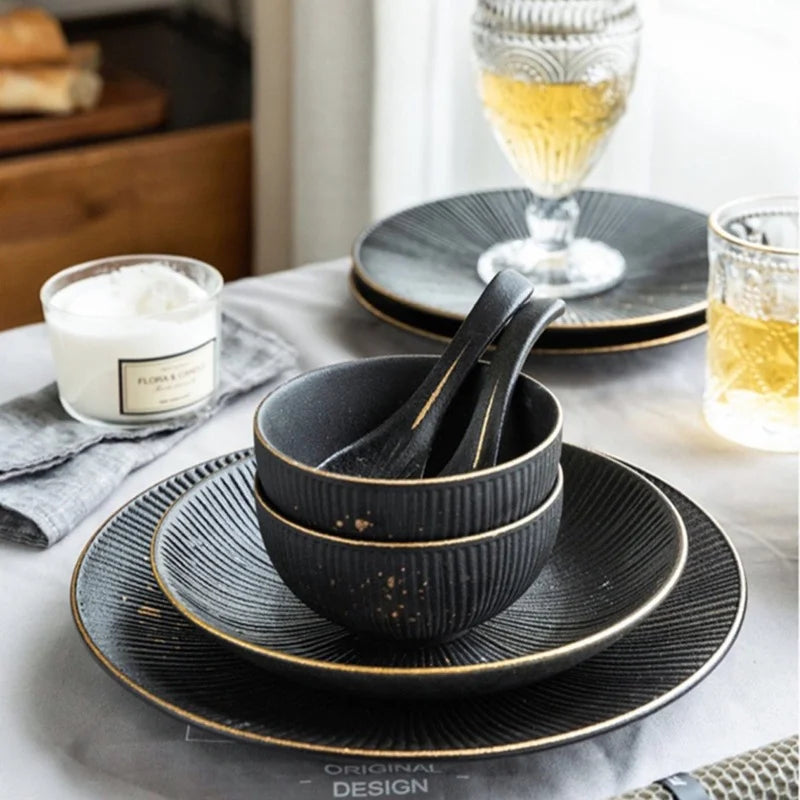 Luxury black striped porcelain dinner plate with gold border from 𝕄𝕔 𝕋𝕙𝕖 𝔹𝕝𝕒𝕔𝕜 𝔻𝕚𝕒𝕞𝕠�