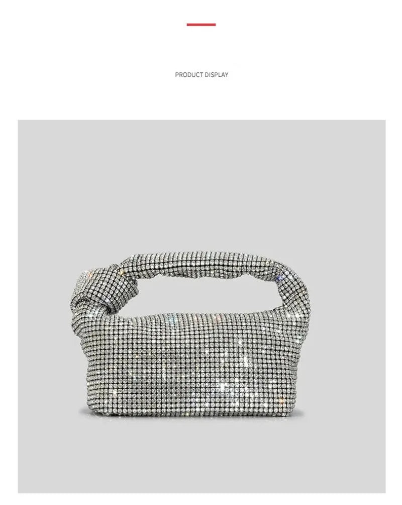 Silver crystal rhinestone handle evening bag by MC THE BLACK DIAMOND with knot detail, luxury designer top handle purse for women.