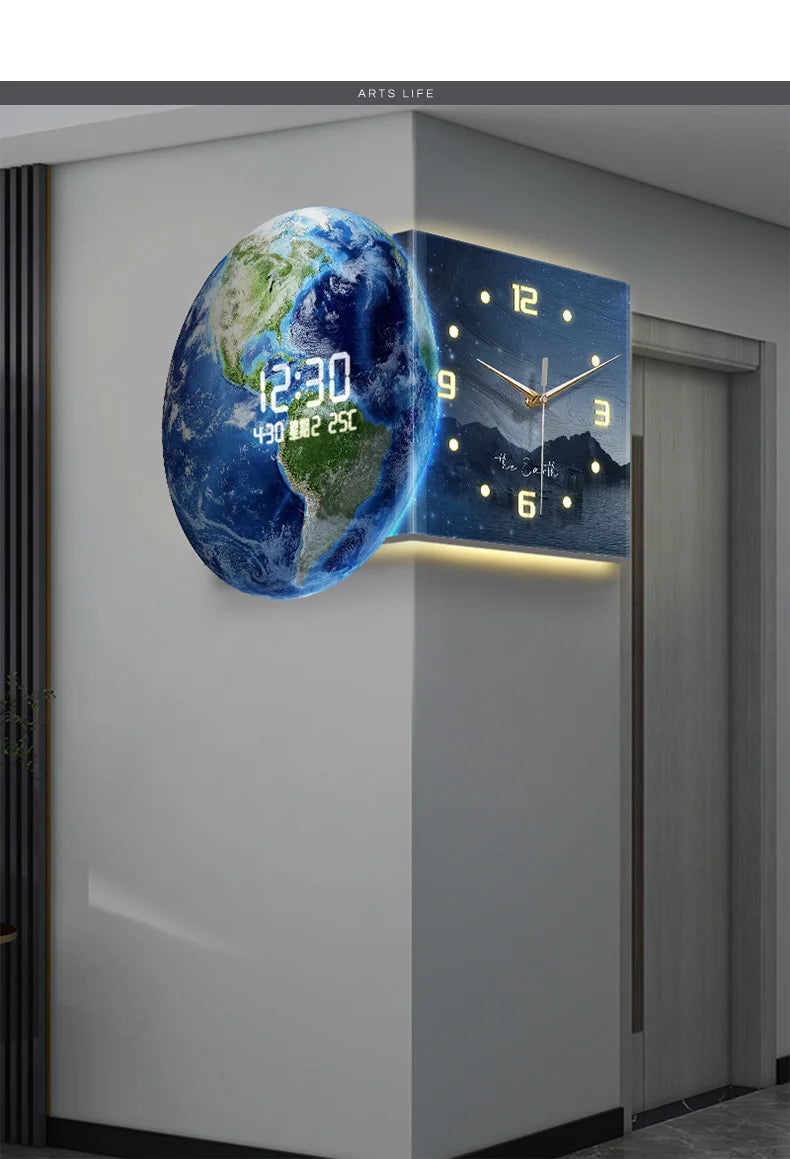 Earth Double Sided Corner Clock LED Wall Clock Modern Design Living Room Decoration Advanced Sense Wall Watch Home Wall Decor - 𝕄𝕮 𝕋𝕙𝕖 𝔹𝕝𝕒𝕔𝕜 𝔻𝕚𝕒𝕞𝕠𝕟𝕕