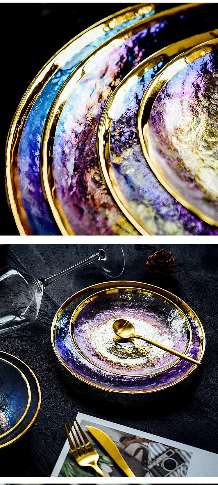 Rainbow glass dinner plates and salad bowls with gilt rims, clear glass serving tray from 𝕄𝕔 𝕋𝕙𝕖 𝔹𝕝𝕒𝕔𝕜 𝔻𝕚𝕒�