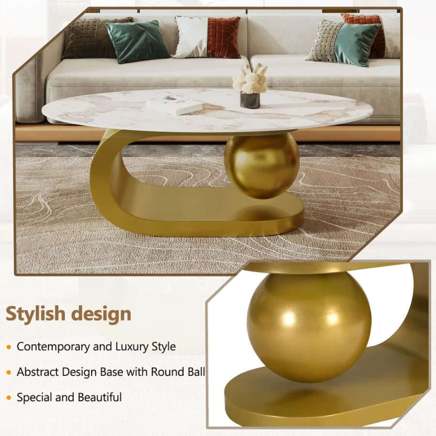 Modern Oval Coffee Table for Living Room Marble Pattern Sintered Stone Coffee Tabletop with Gold Stainless Steel Base in 47.2" - https://mohammadcollection.com