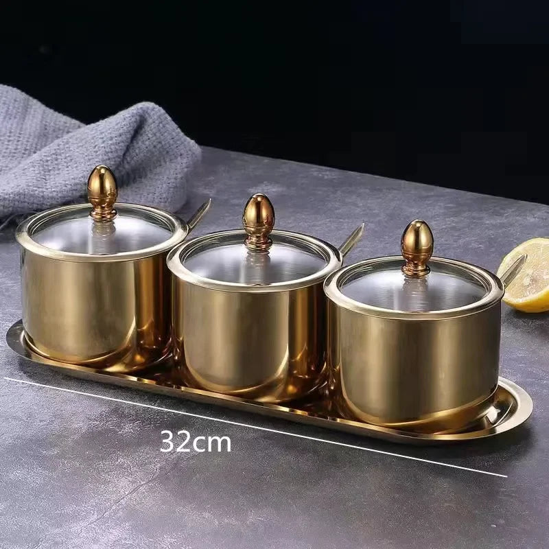 Gold MC THE BLACK DIAMOND 304 seasoning box with glass cap, spoon, and soy sauce dish for kitchen spice storage and flavoring.