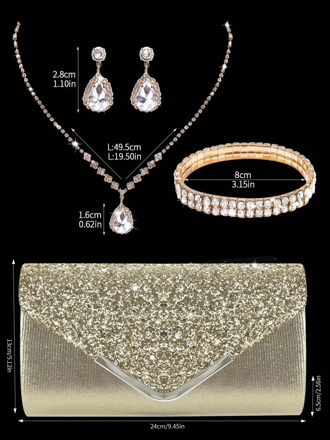Luxury MC THE BLACK DIAMOND sequined evening clutch with rhinestone jewelry set, including necklace, earrings, and bracelet, for women.