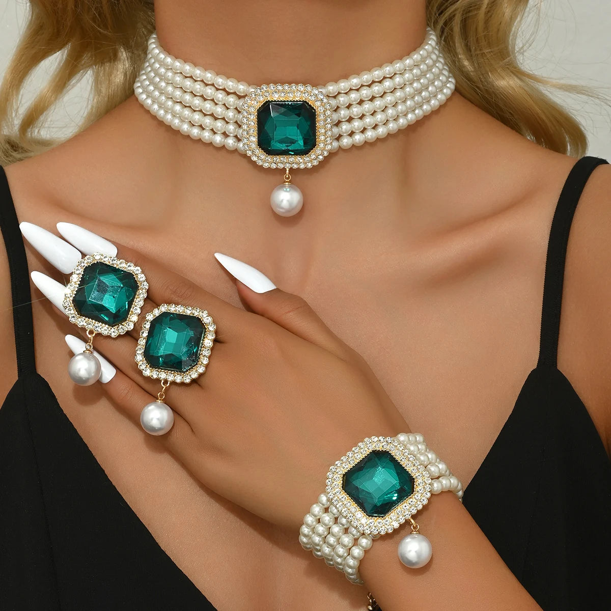 MC THE BLACK DIAMOND women's jewelry set with imitation pearl, rhinestone necklace, earrings, and bracelet for elegant parties and festivals.